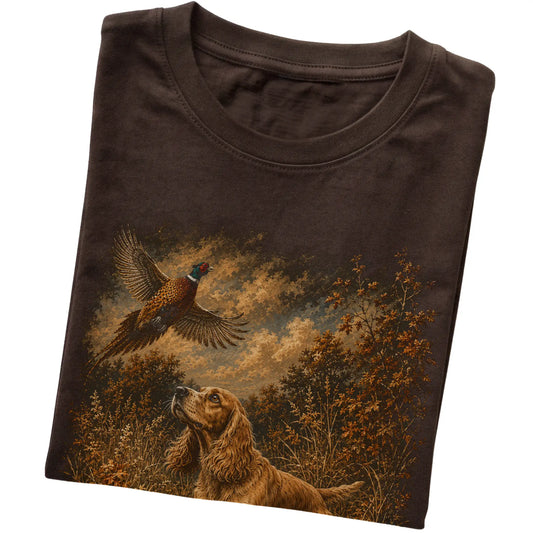 Cocker Spaniel Pheasant Hunting T-Shirt in Dark Chocolate