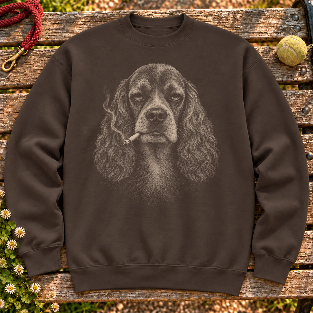 Cocker Spaniel smoking design on a Dark Chocolate sweatshirt