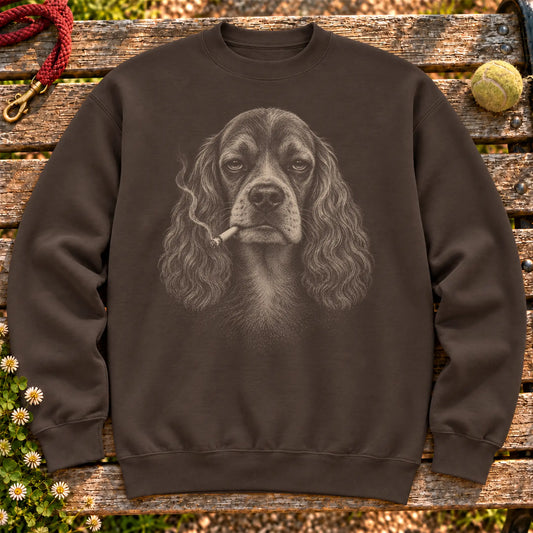 Cocker Spaniel smoking design on a Dark Chocolate sweatshirt