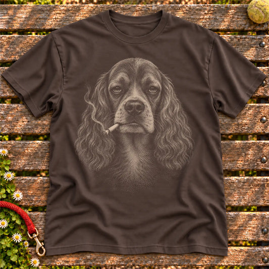 Cocker Spaniel smoking design on a Dark Chocolate t-shirt