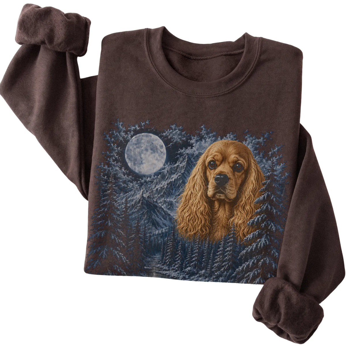 Folded dark chocolate sweatshirt with Cocker Spaniel Winter Moon artwork.