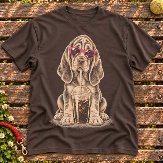 Bloodhound drinking cold coffee in pink sunglasses on Dark Chocolate T-shirt