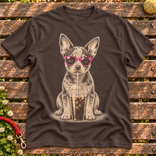 Blue Heeler drinking cold coffee in pink sunglasses on Dark Chocolate T-shirt
