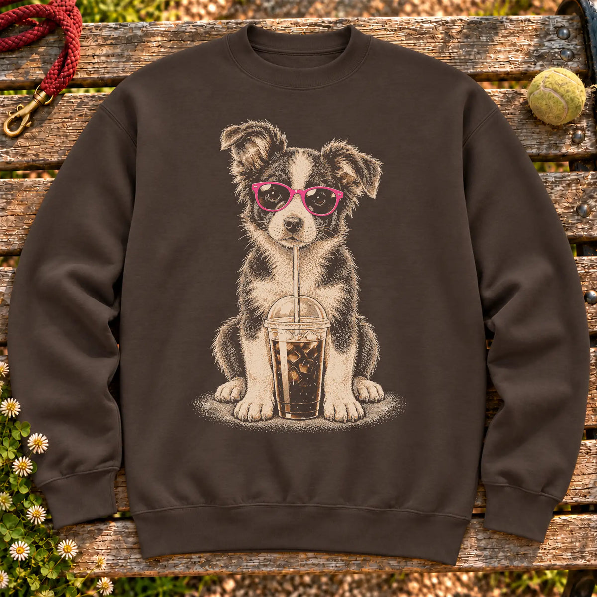 Border Collie drinking cold coffee in pink sunglasses on Dark Chocolate sweatshirt