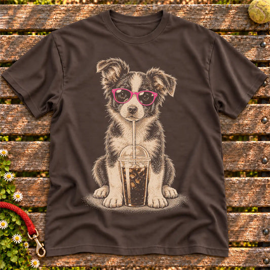 Border Collie drinking cold coffee in pink sunglasses on Dark Chocolate T-shirt