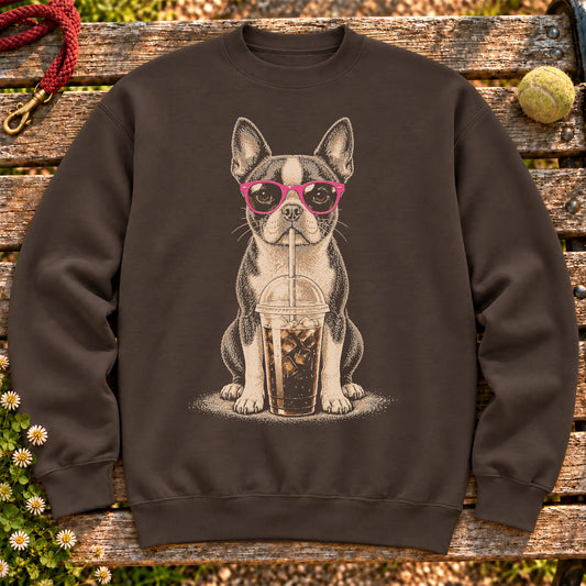 Boston Terrier drinking cold coffee in pink sunglasses on Dark Chocolate sweatshirt