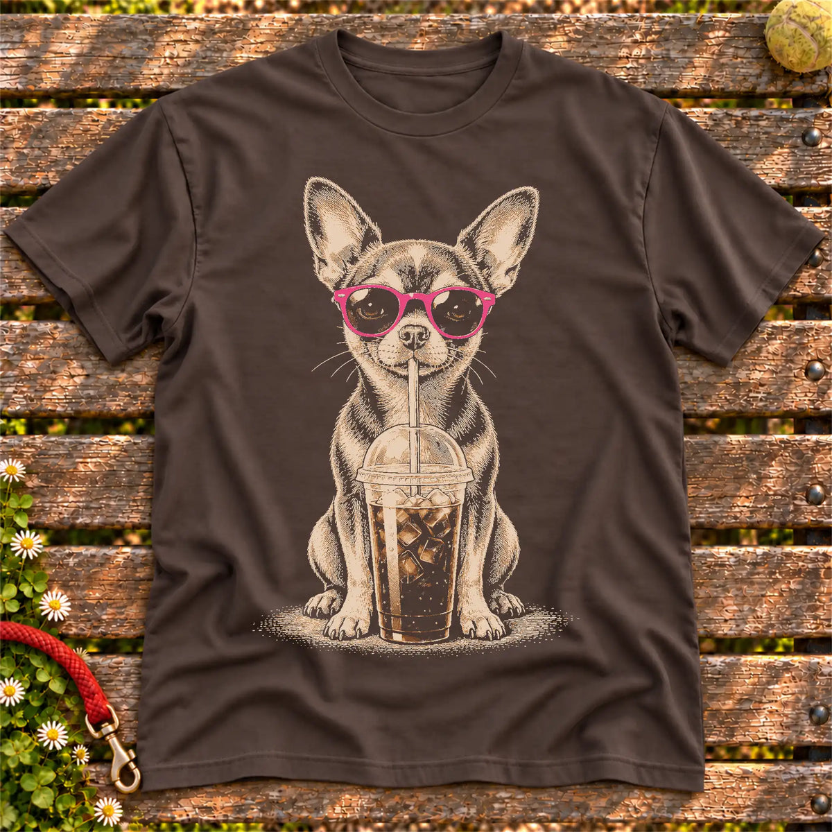 Chihuahua drinking cold coffee in pink sunglasses on Dark Chocolate T-shirt