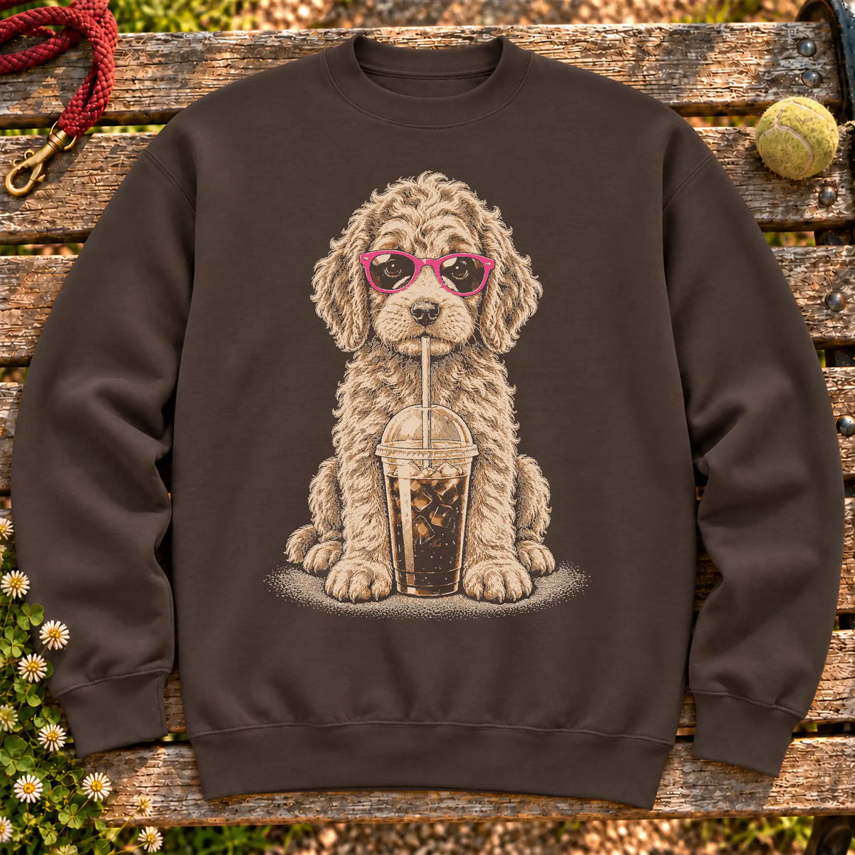 Goldendoodle drinking cold coffee in pink sunglasses on Dark Chocolate sweatshirt