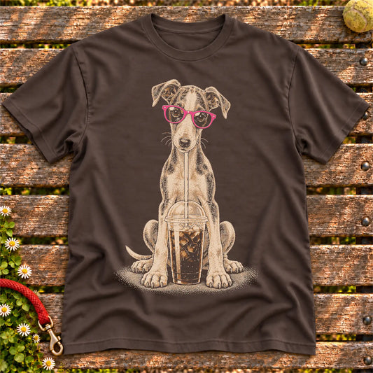 Greyhound drinking cold coffee in pink sunglasses on Dark Chocolate T-shirt