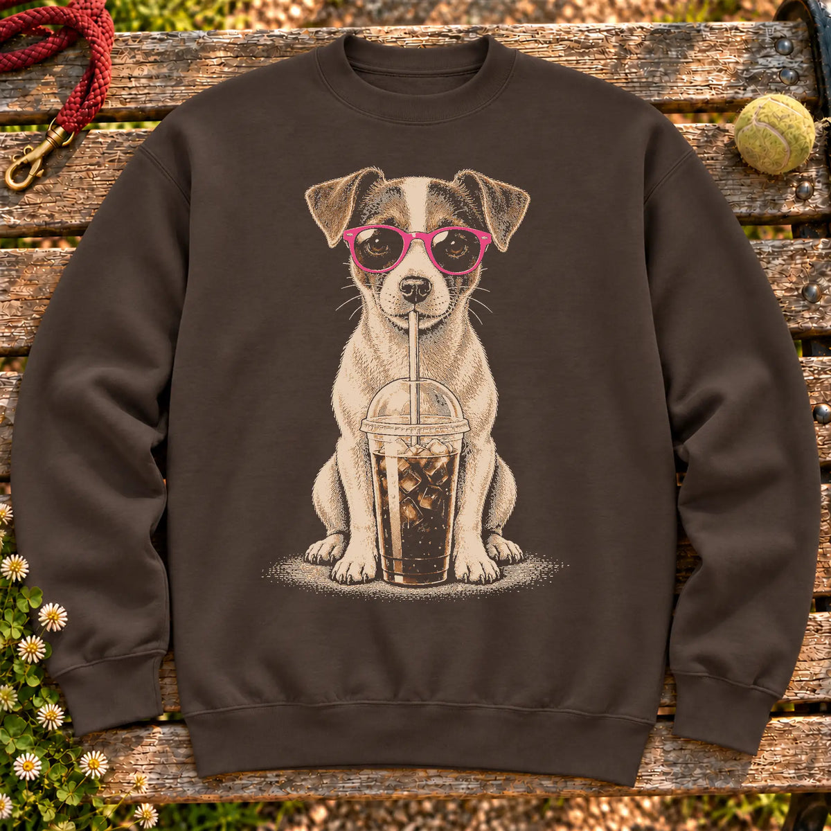 Jack Russell drinking cold coffee in pink sunglasses on Dark Chocolate sweatshirt