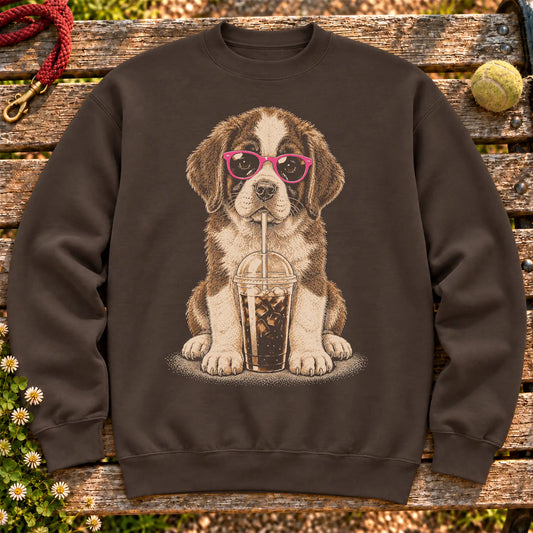 Saint Bernard drinking cold coffee in pink sunglasses on Dark Chocolate sweatshirt
