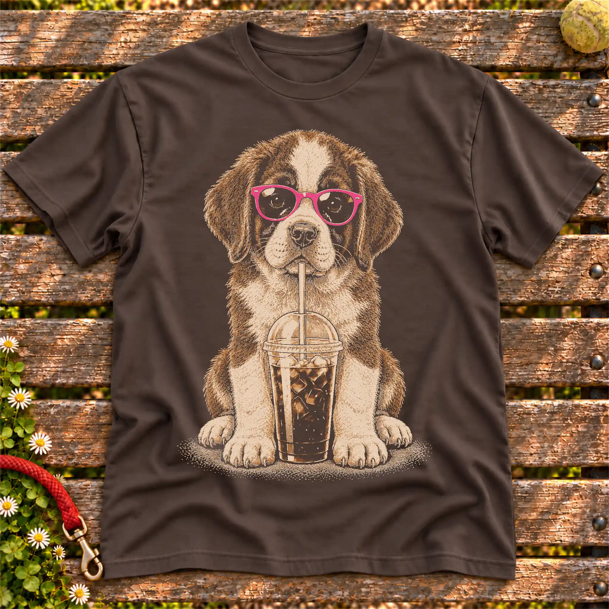 Saint Bernard drinking cold coffee in pink sunglasses on Dark Chocolate T-shirt