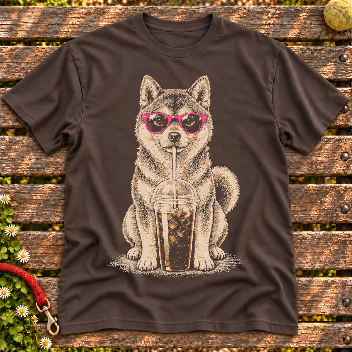 Shiba Inu drinking cold coffee in pink sunglasses on Dark Chocolate T-shirt