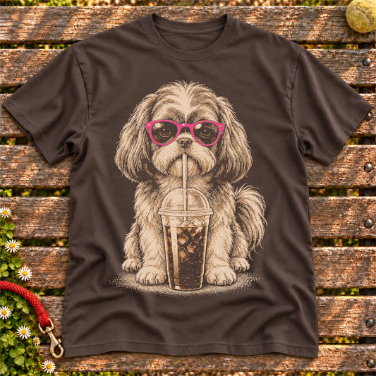Shih Tzu drinking cold coffee in pink sunglasses on Dark Chocolate T-shirt