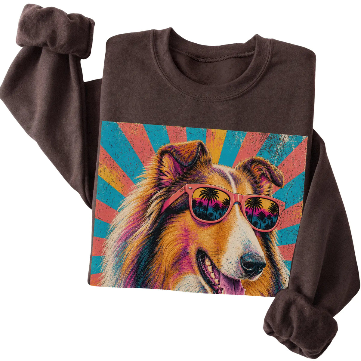 Folded Dark Chocolate crewneck sweatshirt with a Retro Collie Mama design
