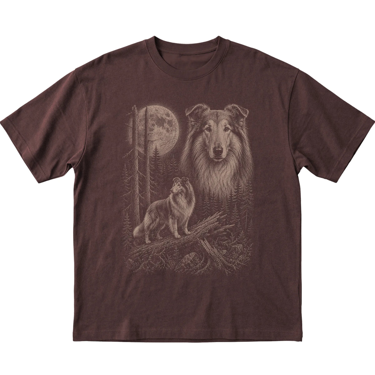 Collie Moonlit Forest graphic on a dark chocolate Softstyle T-shirt laid flat