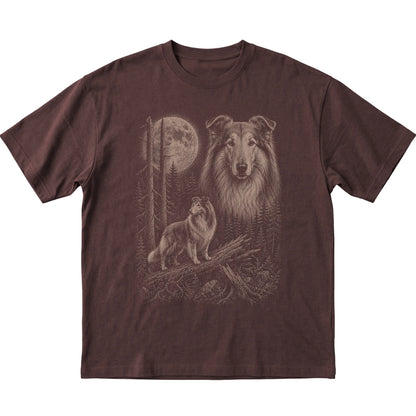 Collie Moonlit Forest graphic on a dark chocolate Softstyle T-shirt laid flat