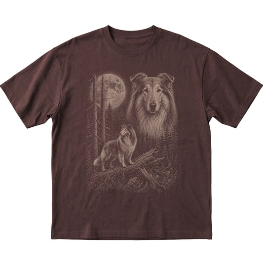 Collie Moonlit Forest graphic on a dark chocolate Softstyle T-shirt laid flat