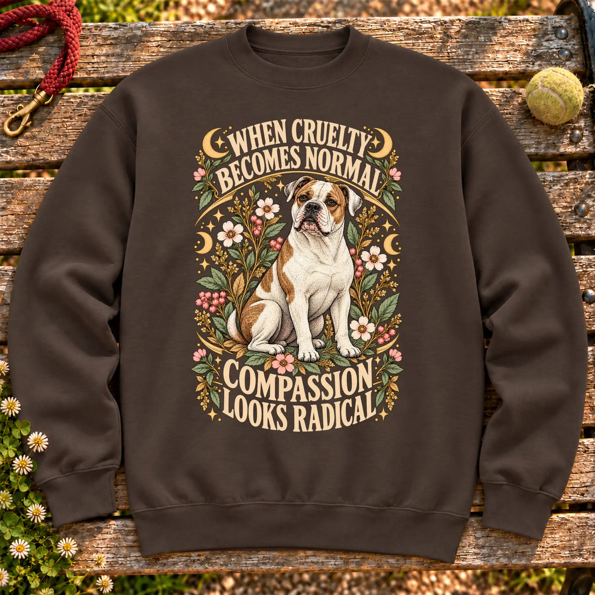 Compassion Looks Radical American Bulldog design on a Dark Chocolate Gildan sweatshirt