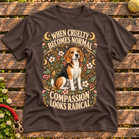 Compassion Looks Radical Beagle design on a Dark Chocolate Gildan T-shirt