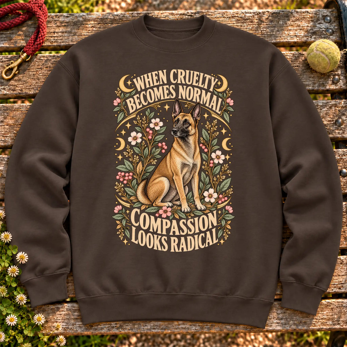 Compassion Looks Radical Belgian Malinois design on a Dark Chocolate Gildan sweatshirt
