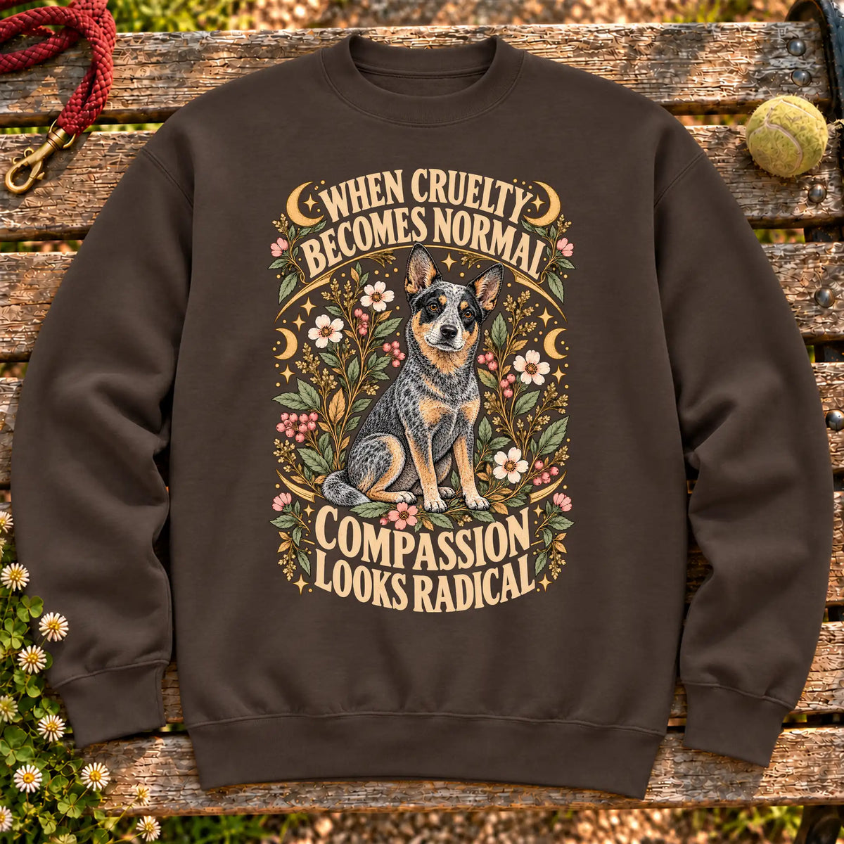 Compassion Looks Radical Blue Heeler design on a Dark Chocolate Gildan sweatshirt