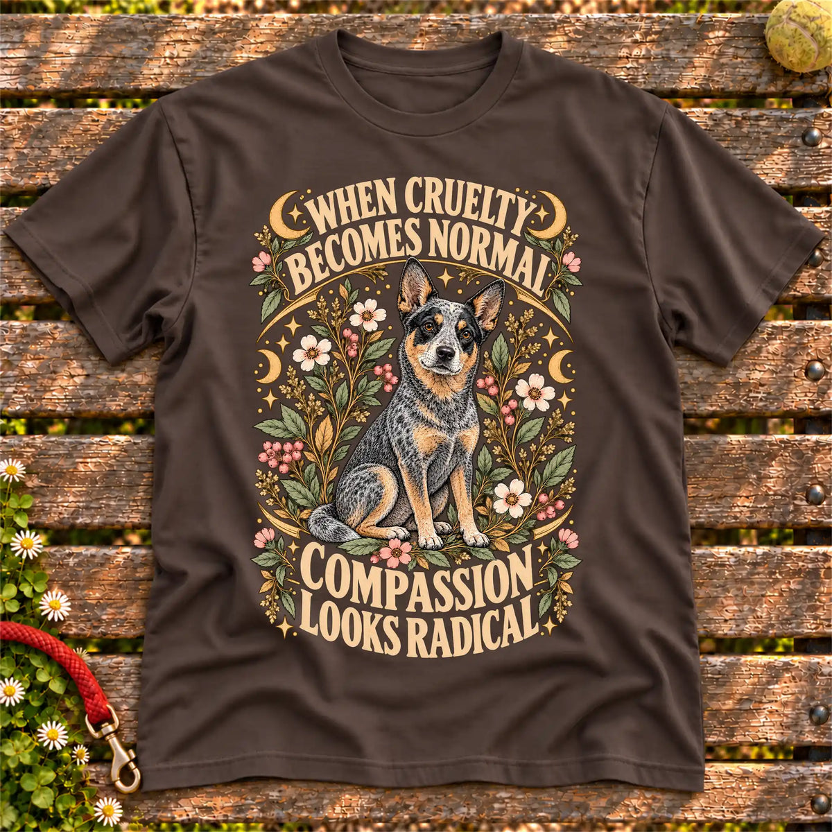Compassion Looks Radical Blue Heeler design on a Dark Chocolate Gildan T-shirt