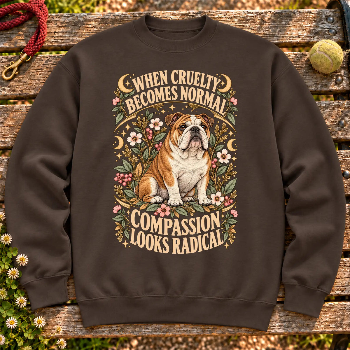 Compassion Looks Radical Bulldog design on a Dark Chocolate Gildan sweatshirt