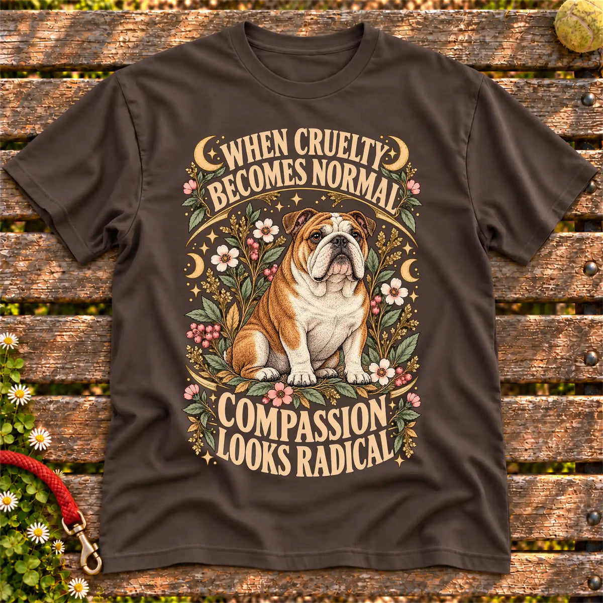 Compassion Looks Radical Bulldog design on a Dark Chocolate Gildan T-shirt
