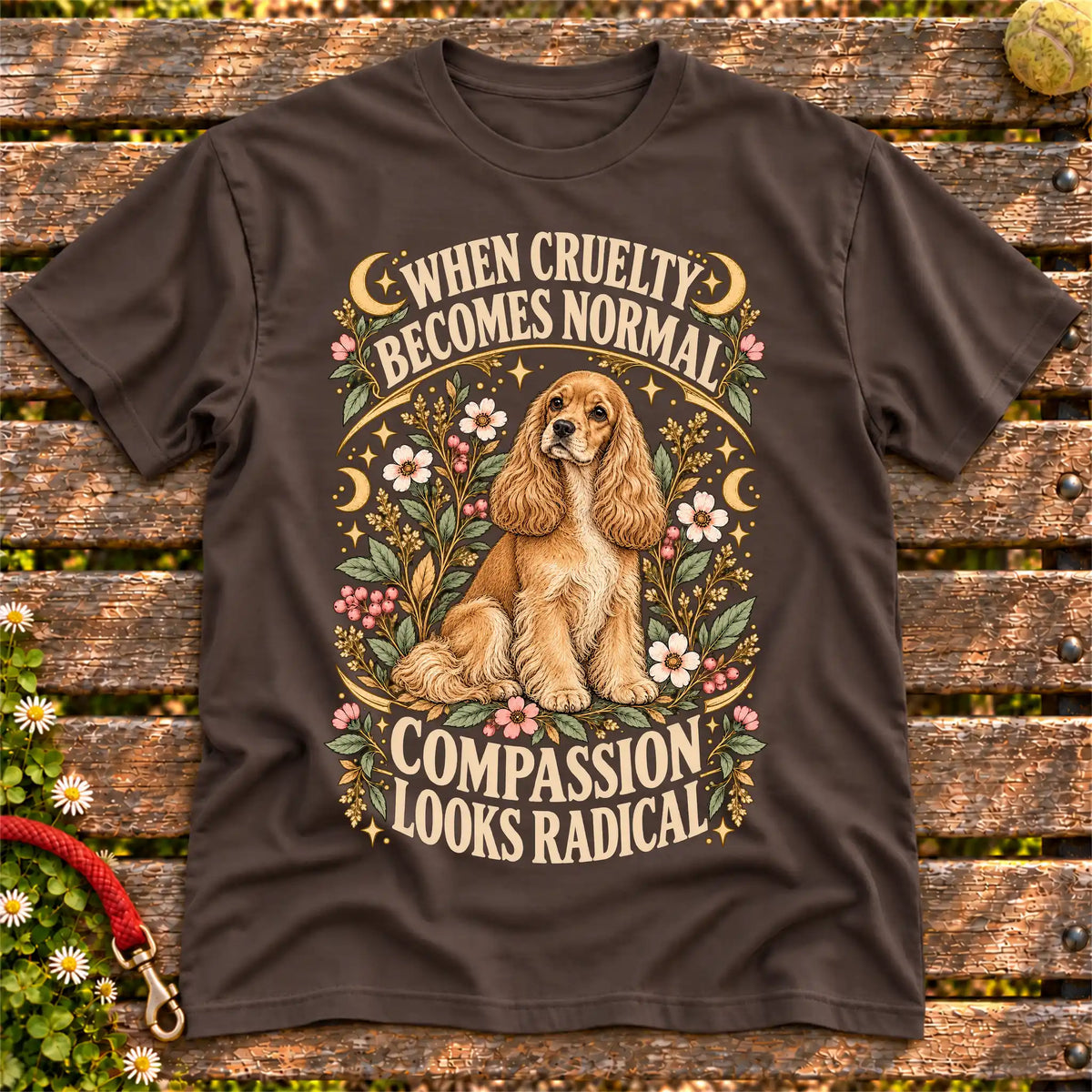 Compassion Looks Radical Cocker Spaniel design on a Dark Chocolate Gildan T-shirt