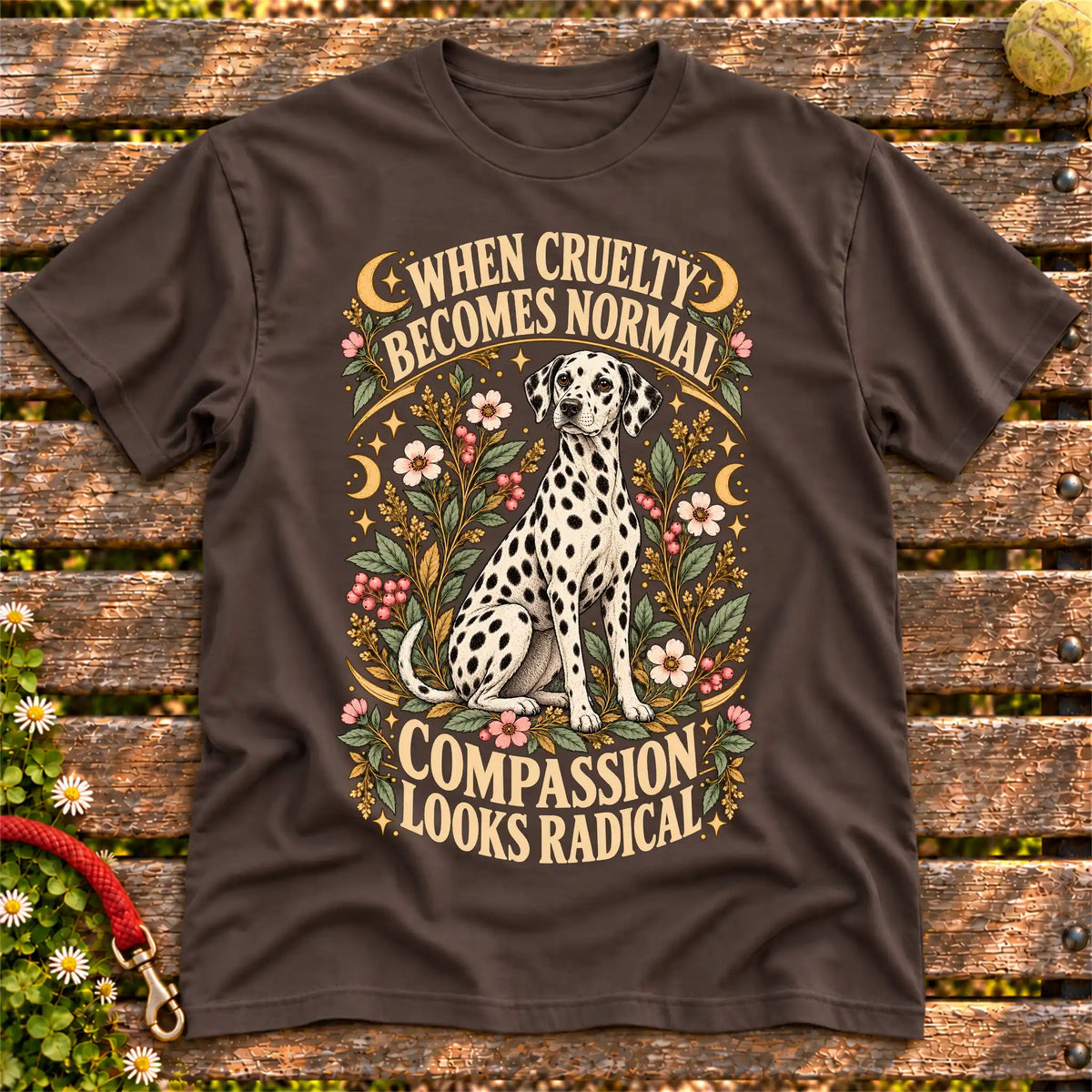 Compassion Looks Radical Dalmatian design on a Dark Chocolate Gildan T-shirt