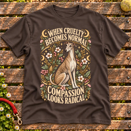 Compassion Looks Radical Greyhound design on a Dark Chocolate Gildan T-shirt