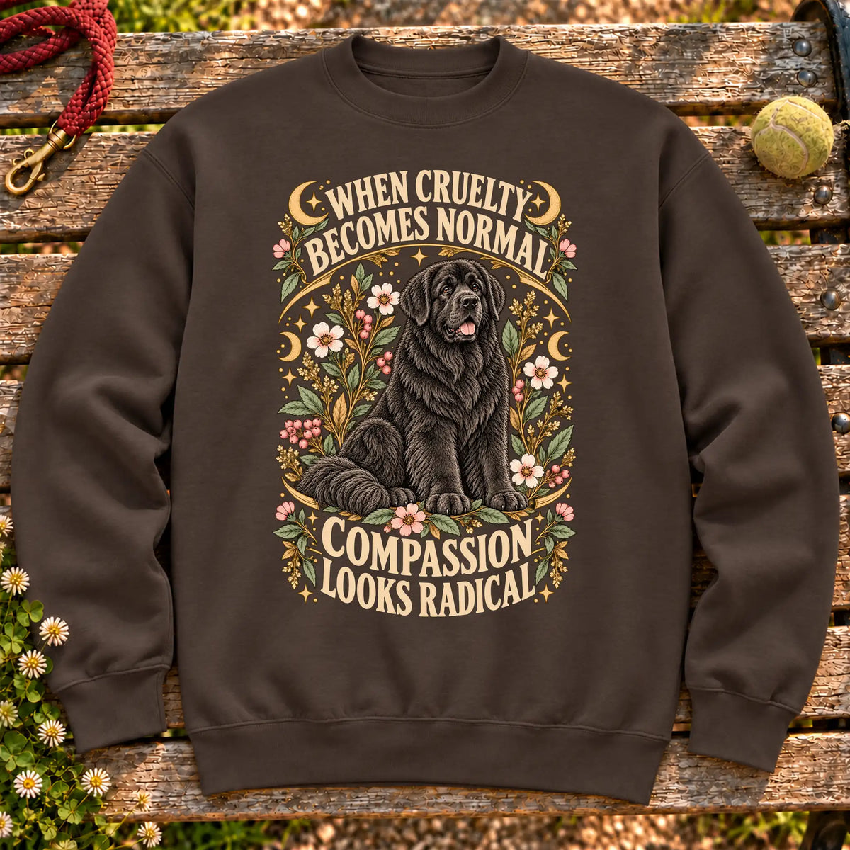 Compassion Looks Radical Newfie design on a Dark Chocolate Gildan sweatshirt