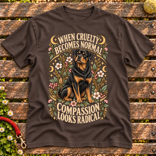 Compassion Looks Radical Rottweiler design on a Dark Chocolate Gildan T-shirt