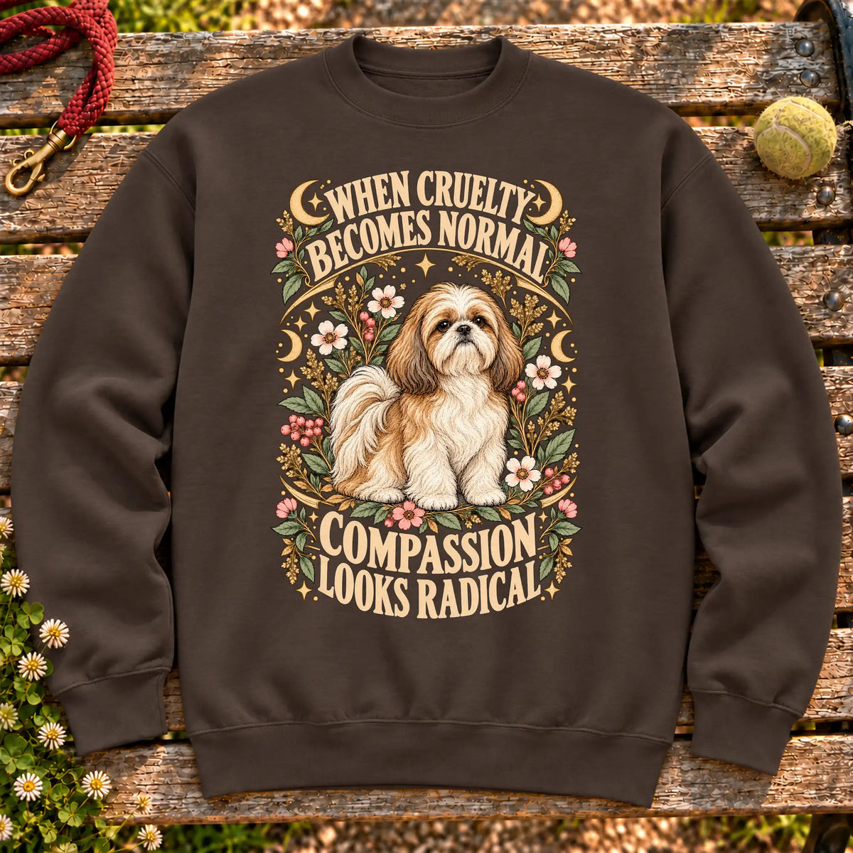Compassion Looks Radical Shih Tzu design on a Dark Chocolate Gildan sweatshirt