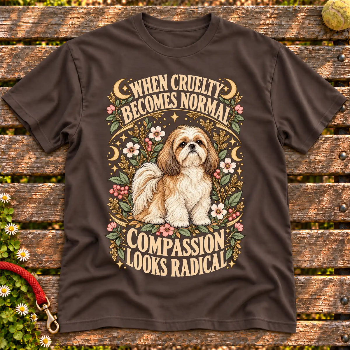 Compassion Looks Radical Shih Tzu design on a Dark Chocolate Gildan T-shirt