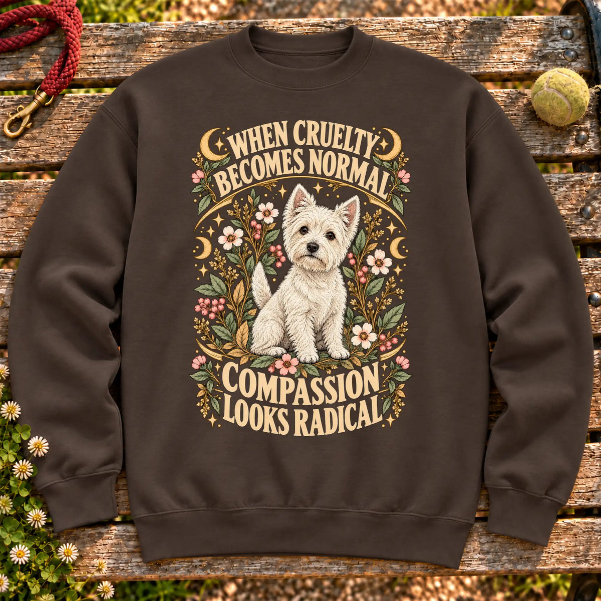 Compassion Looks Radical Westie design on a Dark Chocolate Gildan sweatshirt