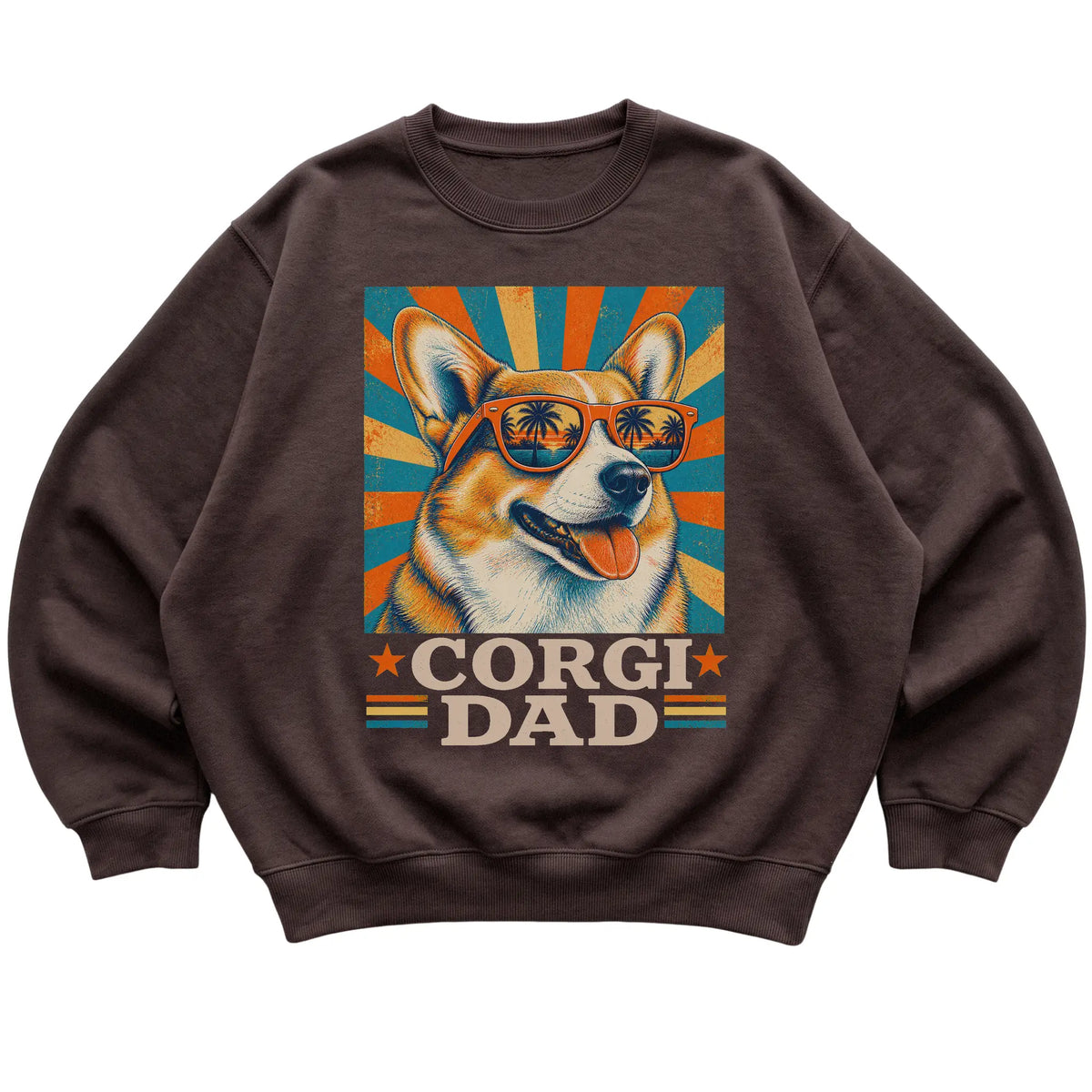 Retro Corgi Dad design on a Dark Chocolate crewneck sweatshirt