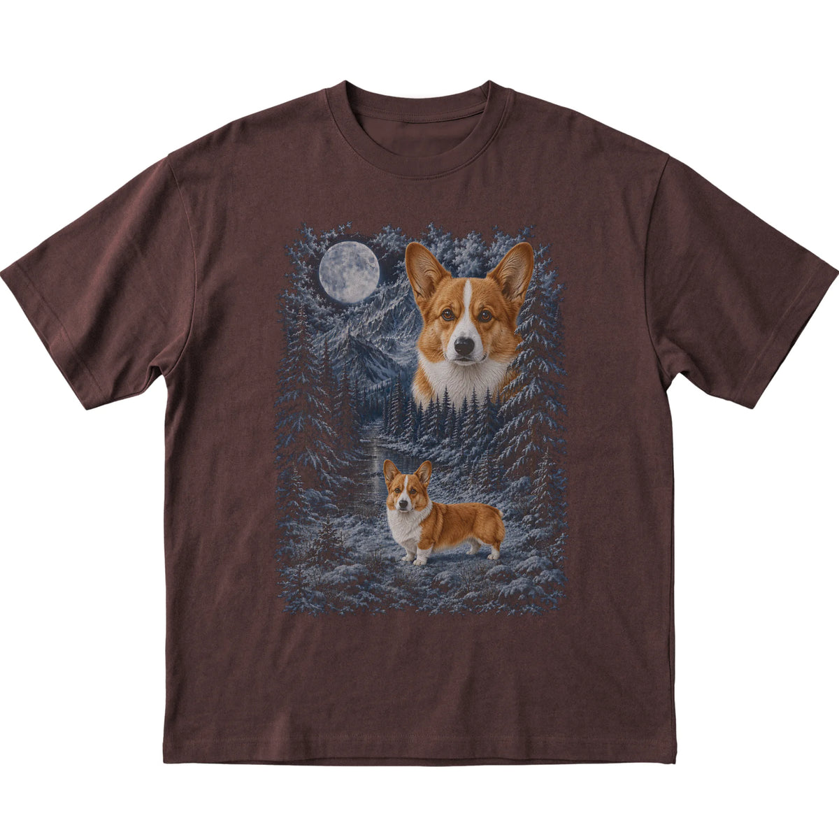 Corgi Forest Moon T-Shirt in Dark Chocolate