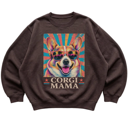 Retro Corgi Mama design on a Dark Chocolate crewneck sweatshirt
