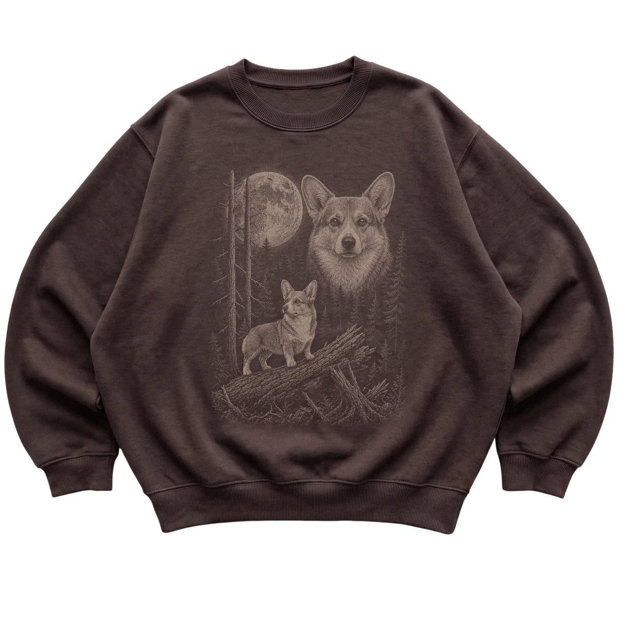 Corgi Moonlit Forest graphic on a dark chocolate crewneck sweatshirt laid flat