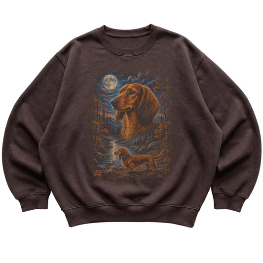 dark chocolate sweatshirt with Dachshund Autumn Moon artwork.
