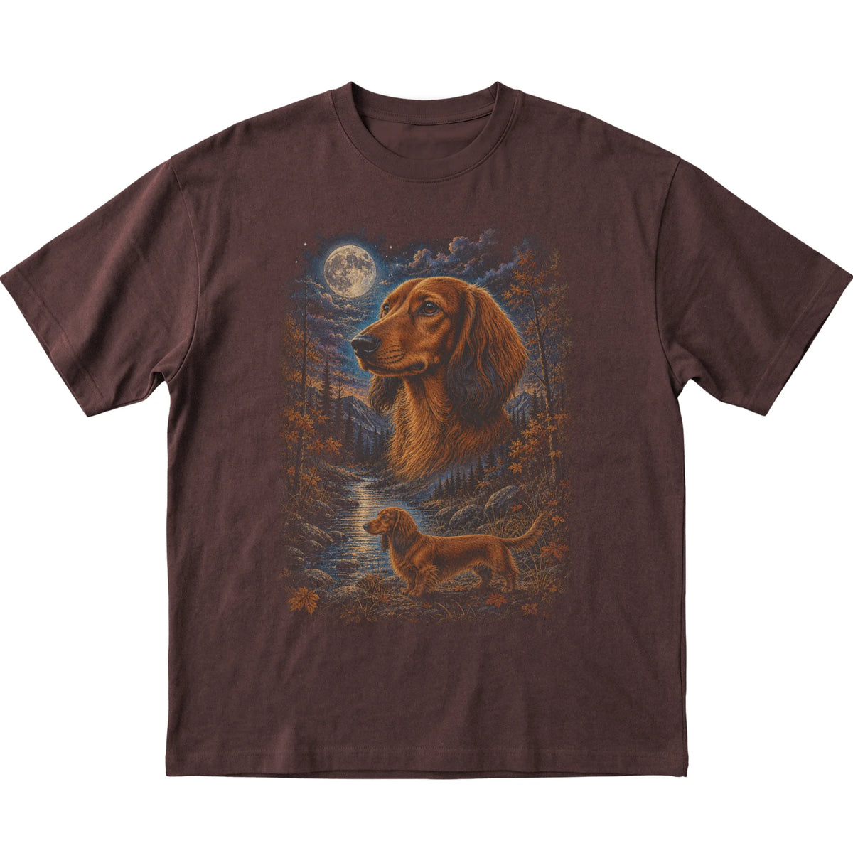 dark chocolate T-shirt with Dachshund Autumn Moon artwork.