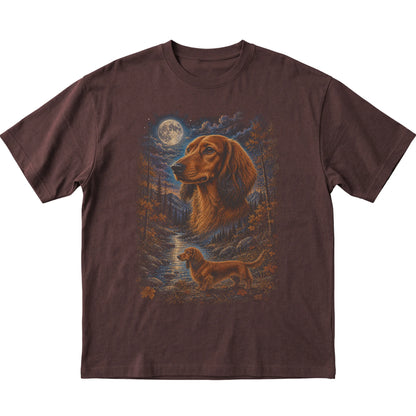 dark chocolate T-shirt with Dachshund Autumn Moon artwork.