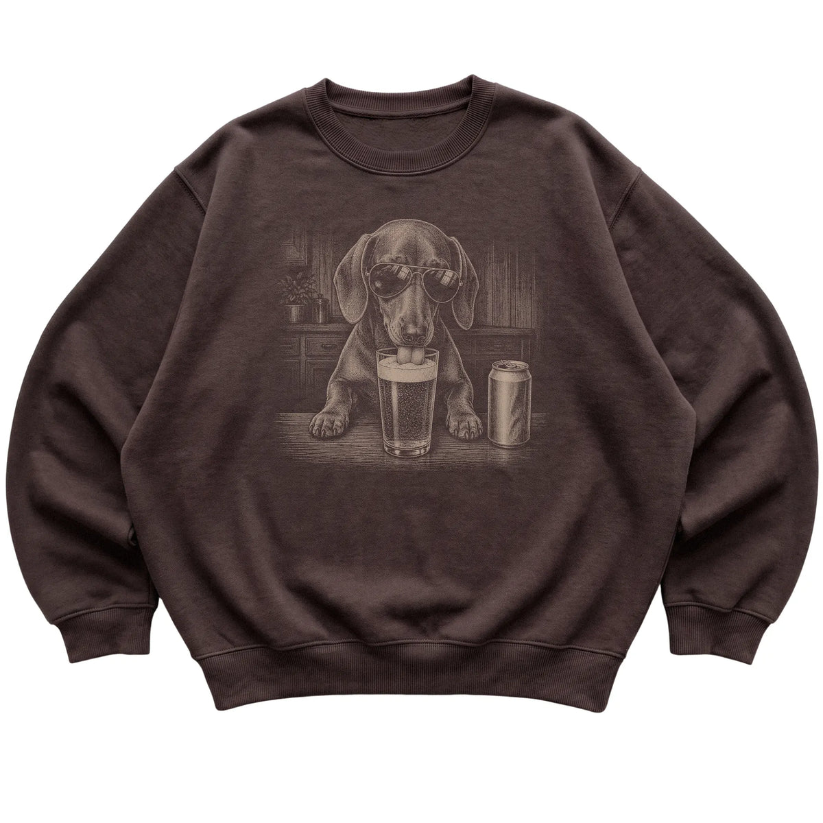 Dark Chocolate Dachshund drinking from a pint at a bar, laid flat