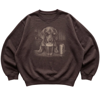 Dark Chocolate Dachshund drinking from a pint at a bar, laid flat