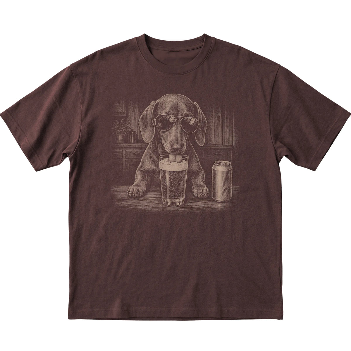 Dark Chocolate Dachshund drinking from a pint at a bar, laid flat