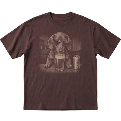 Dark Chocolate Dachshund drinking from a pint at a bar, laid flat
