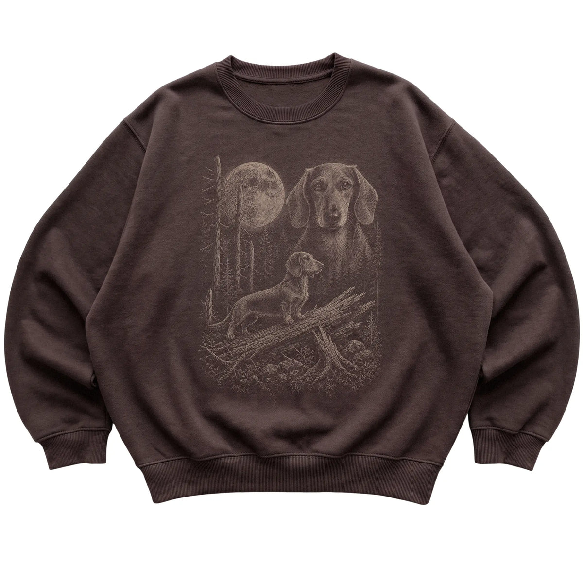 Dachshund Moonlit Forest graphic on a dark chocolate crewneck sweatshirt laid flat