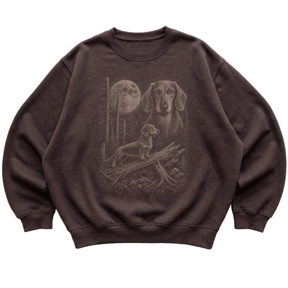 Dachshund Moonlit Forest graphic on a dark chocolate crewneck sweatshirt laid flat